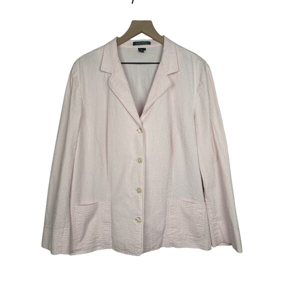 Lauren Ralph Lauren Seersucker Blazer Womens 3X Pink Stripe Old Money Preppy - Picture 1 of 13